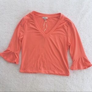 Coral Pink V- Neck 3/4 Bell Sleeve Top